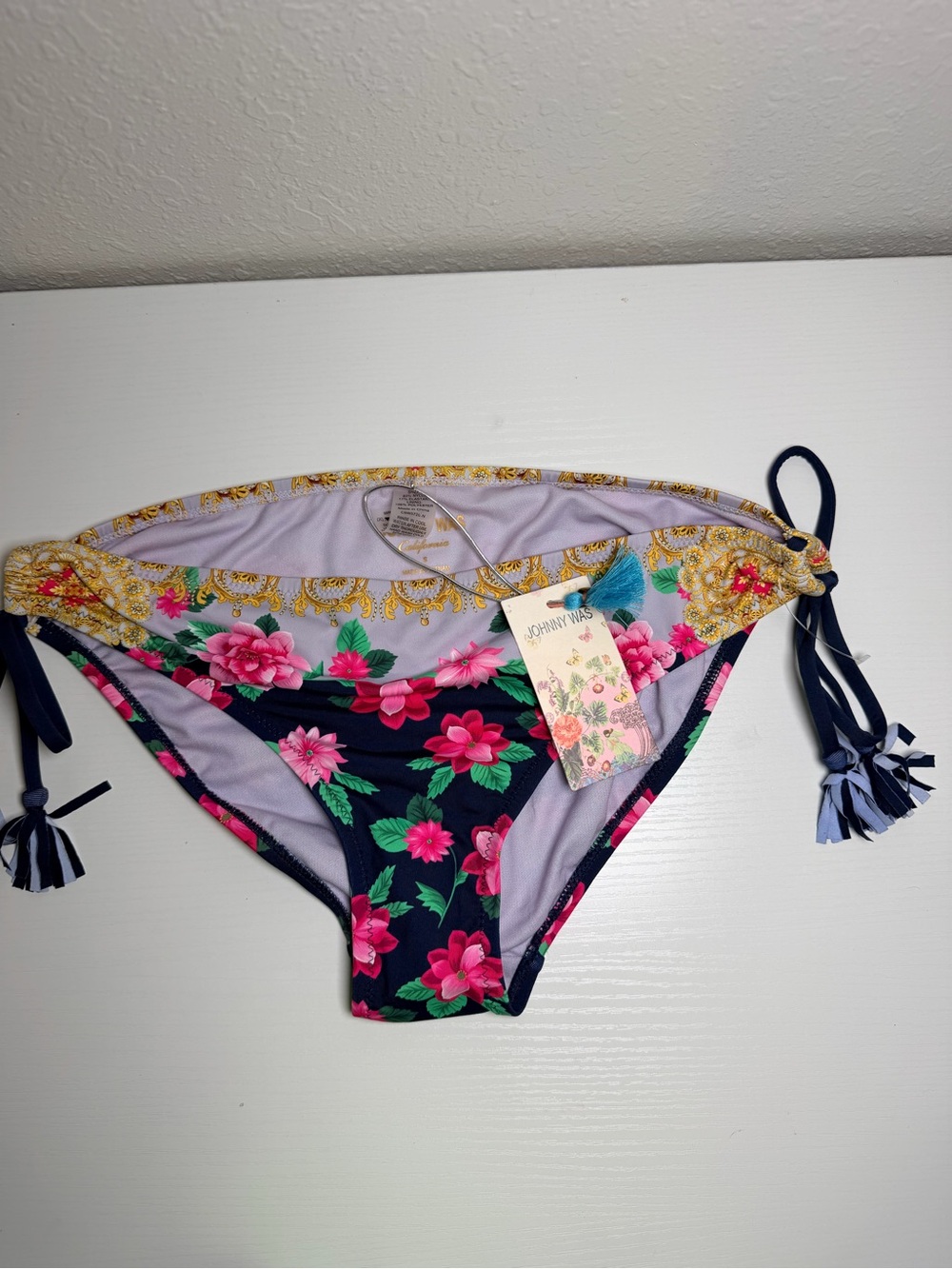 Johnny Was Navy Blue Floral Tie-Side Bikini Bottoms with Pink Flowers